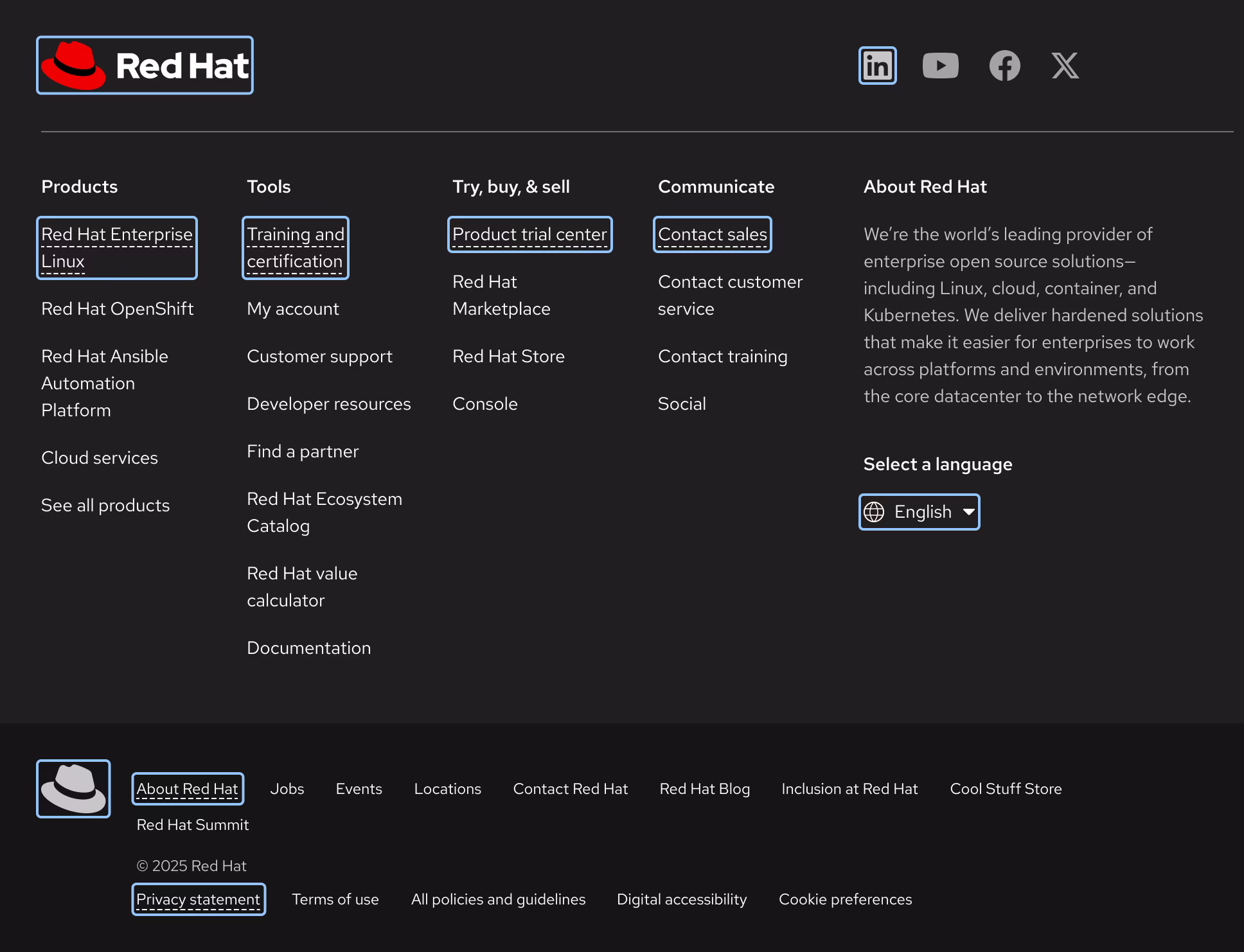 Focus state examples within a footer