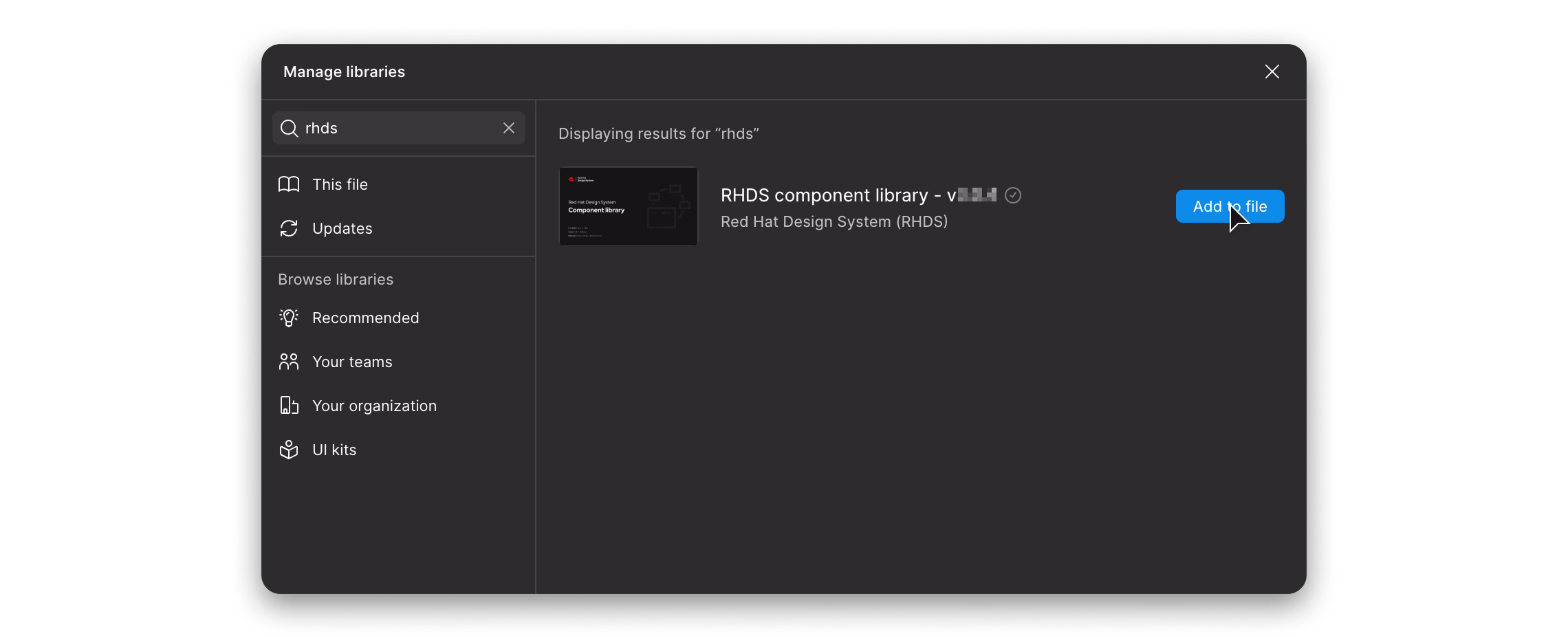 Screenshot of the manage libraries dialog in Figma with a cursor over the 'Add file' button.